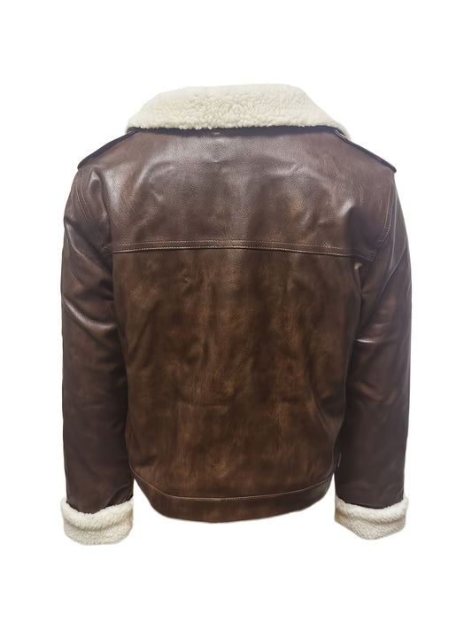 Brown Synthetic Leather Jacket with Faux Fur Lined Hood and Zippered Pockets