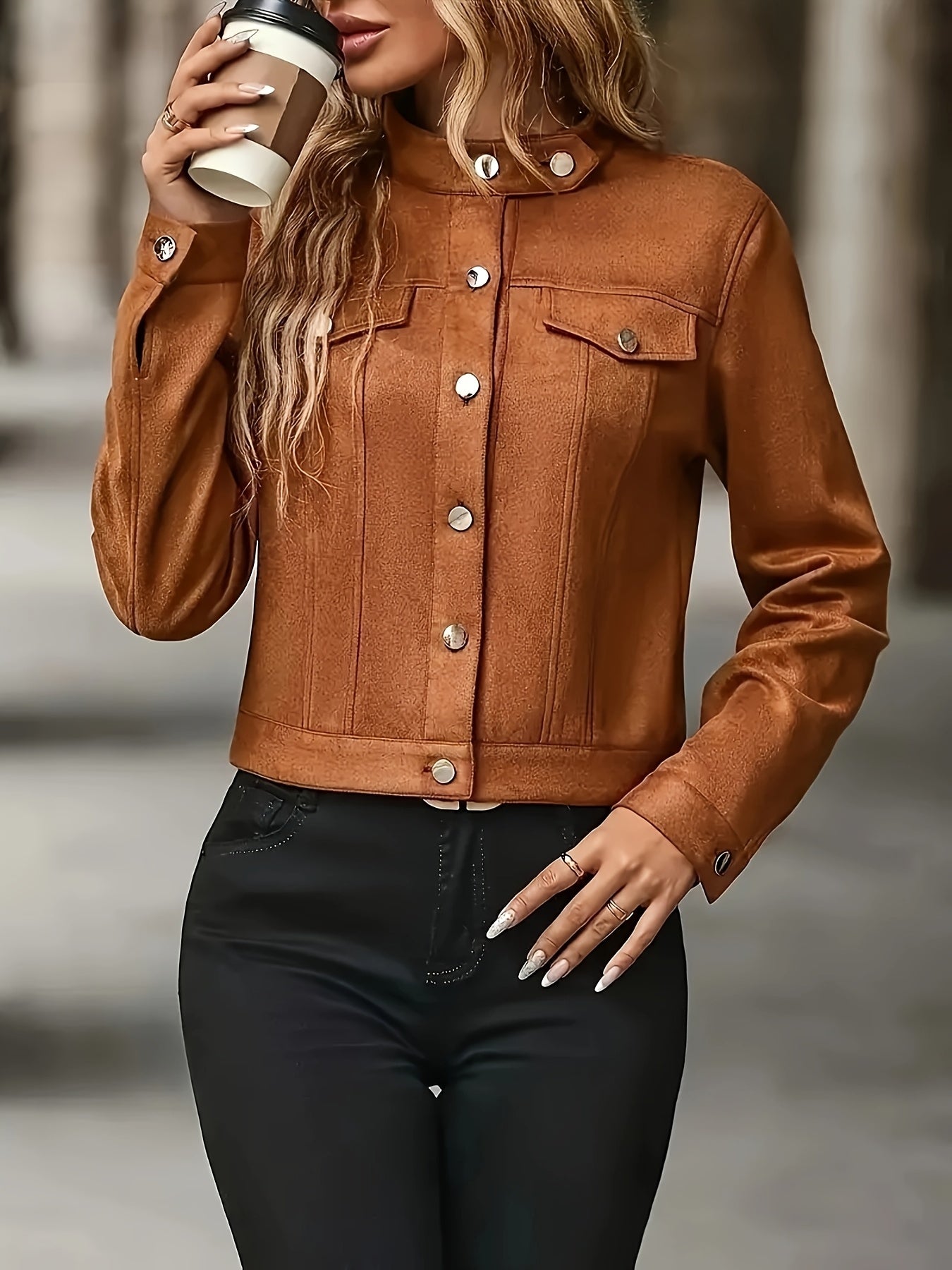 Casual Chic Brown Faux Suede Long Sleeve Stand Collar Jacket