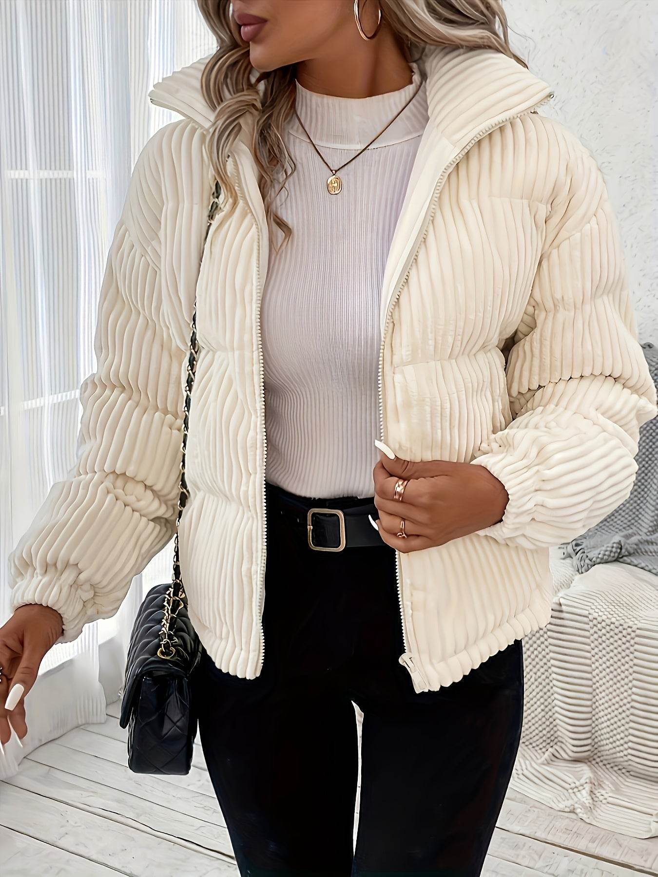 Zip-up Puffy Ribbed Coat - Your Shiny Clothes