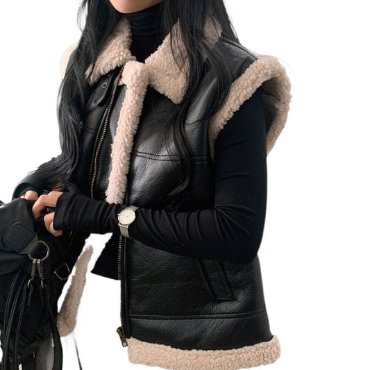 Faux Leather Shearling Vest Jacket