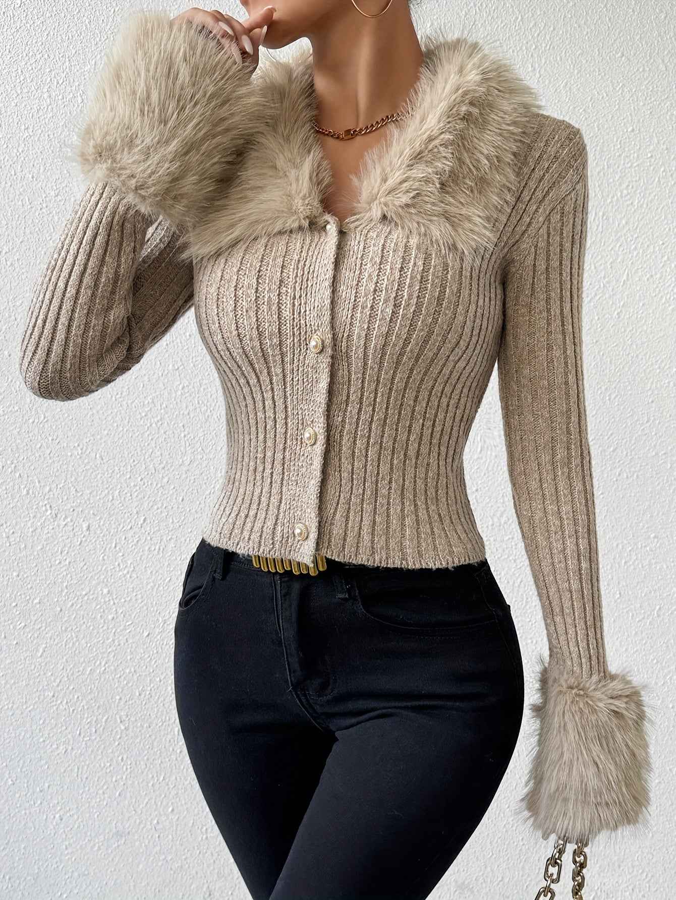 Faux Fur Laple Button Front Cardigan