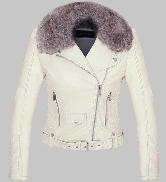 Faux Leather Belted Jacket with Detachable Faux Fur Collar