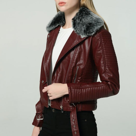Faux Leather Belted Jacket with Detachable Faux Fur Collar