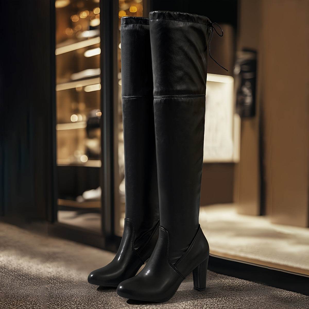 Solid Color PU Leather Over-the-Knee Boots with Tie Detail - Your Shiny Clothes