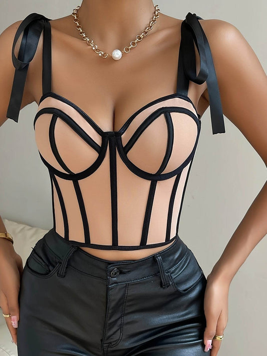 Chic V-Neck Slingback Cami Top with Bow Tie Straps and Mesh Panel Detail - Your Shiny Clothes