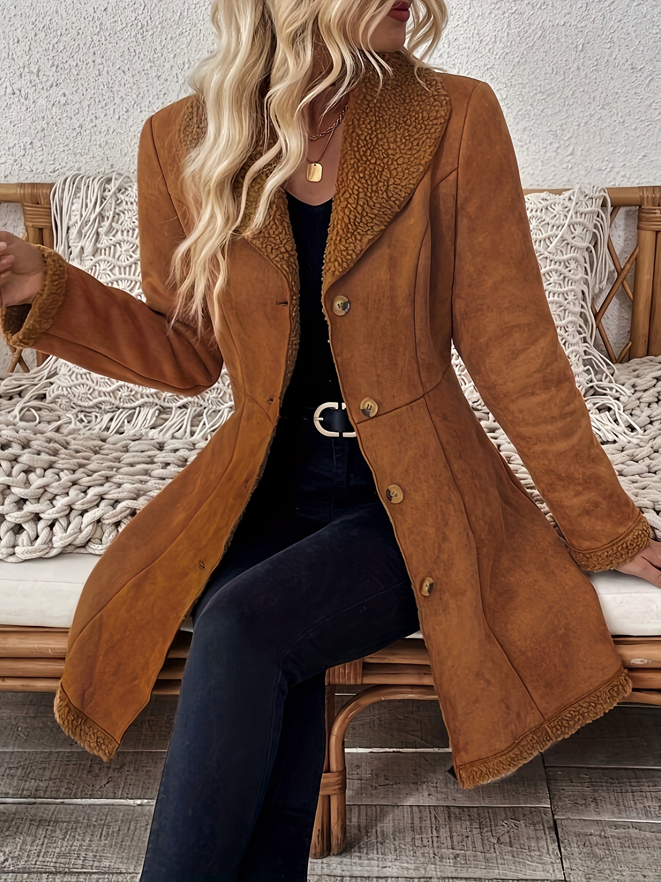 Vintage-Inspired Caramel Brown Double-Breasted Faux Suede Coat