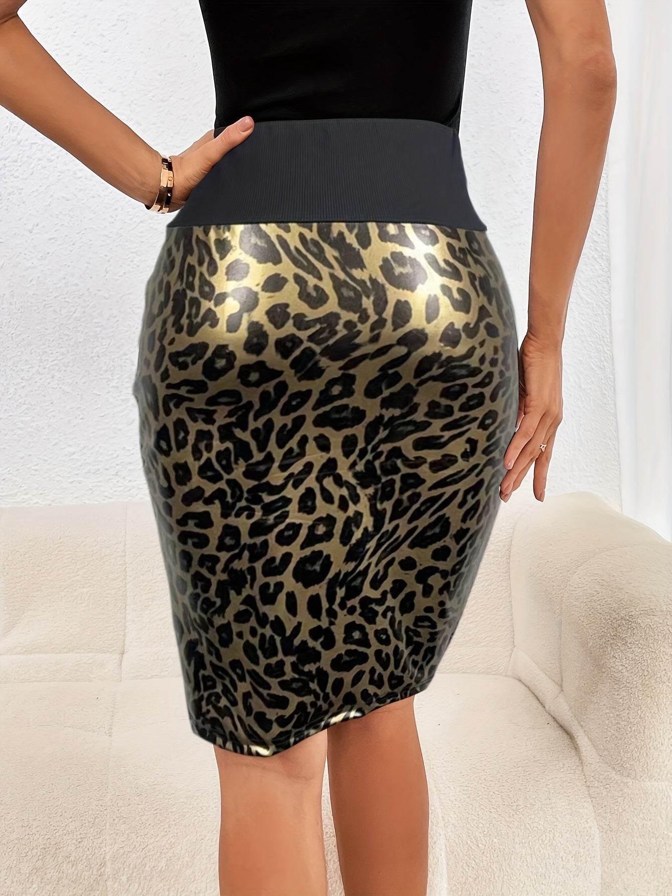 Elegant Leopard Print Faux Leather High-Waist Bodycon Skirt with Front Zip Detail - Your Shiny Clothes