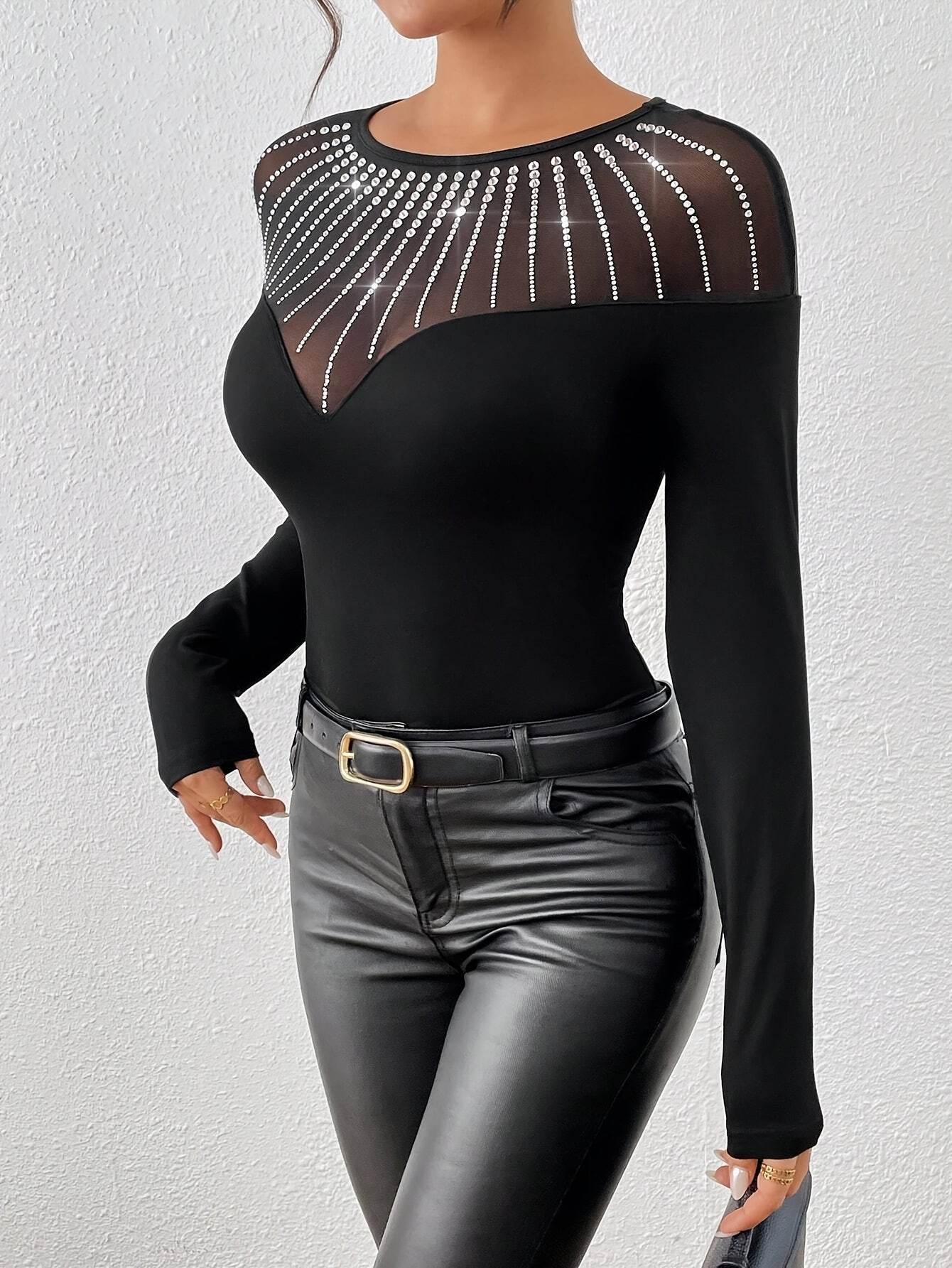 Elegant Long Sleeve Top with Rhinestone Detail - Your Shiny Clothes