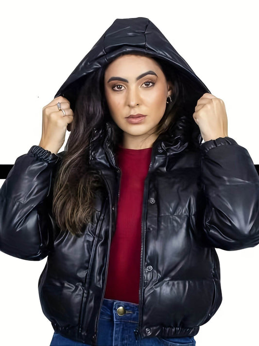 Solid Colour PU Leather Hooded Jacket - Your Shiny Clothes