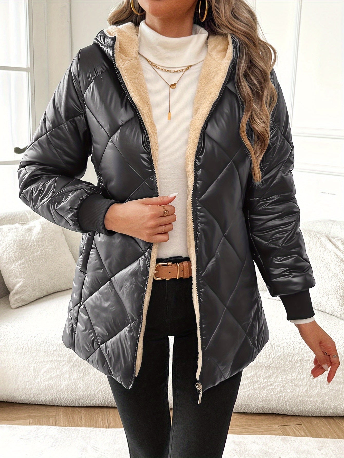 Quilted Puffer Jacket with Zipper Hood - Your Shiny Clothes