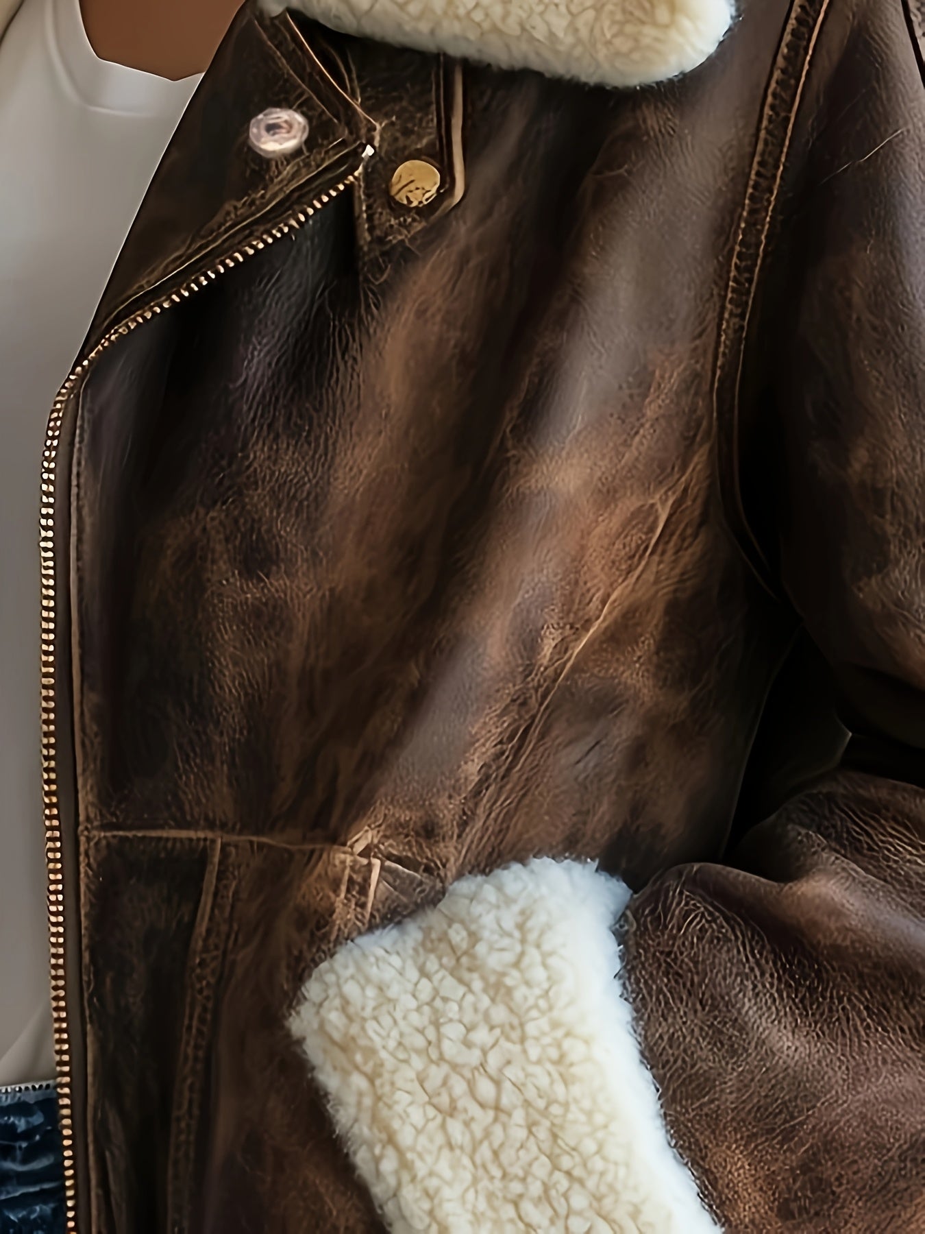 Brown Synthetic Leather Jacket with Faux Fur Lined Hood and Zippered Pockets