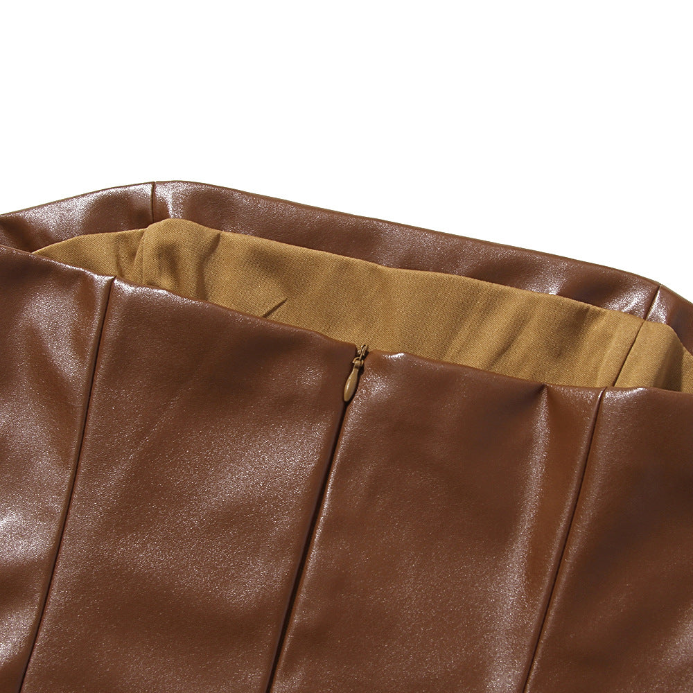 Faux Leather Slim-Fit Strapless Midi Dress with Back Slit