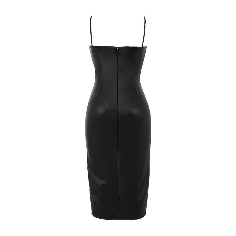 Faux Leather Pleated Spaghetti Strap Midi Dress