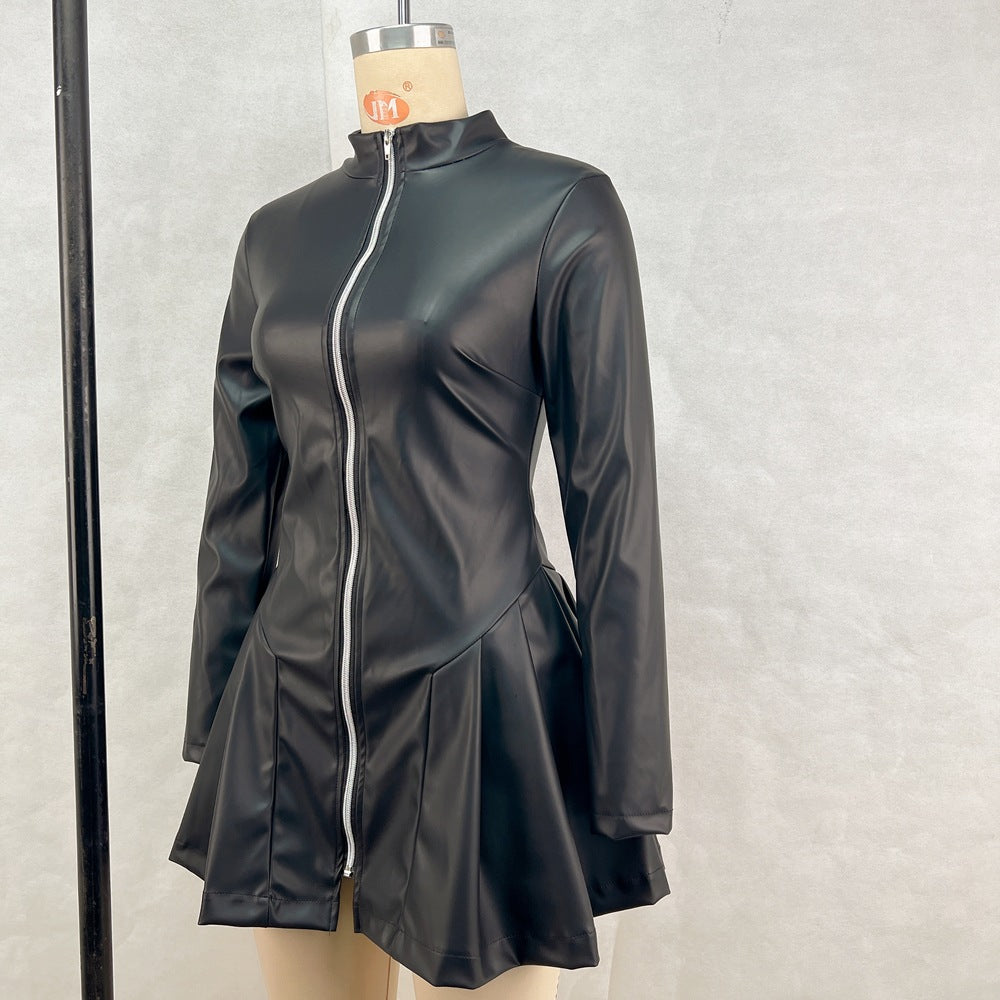 Long Sleeve Pleated Faux Leather Mini Dress