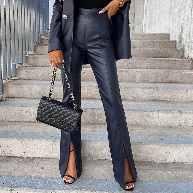 Faux Leather Front Slit Mid Waist Boot Cut Trousers - Your Shiny Clothes