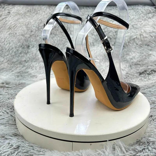 Elegant Black Pointed Toe Sling Back Patent Leather Stiletto Heel Pumps - Your Shiny Clothes