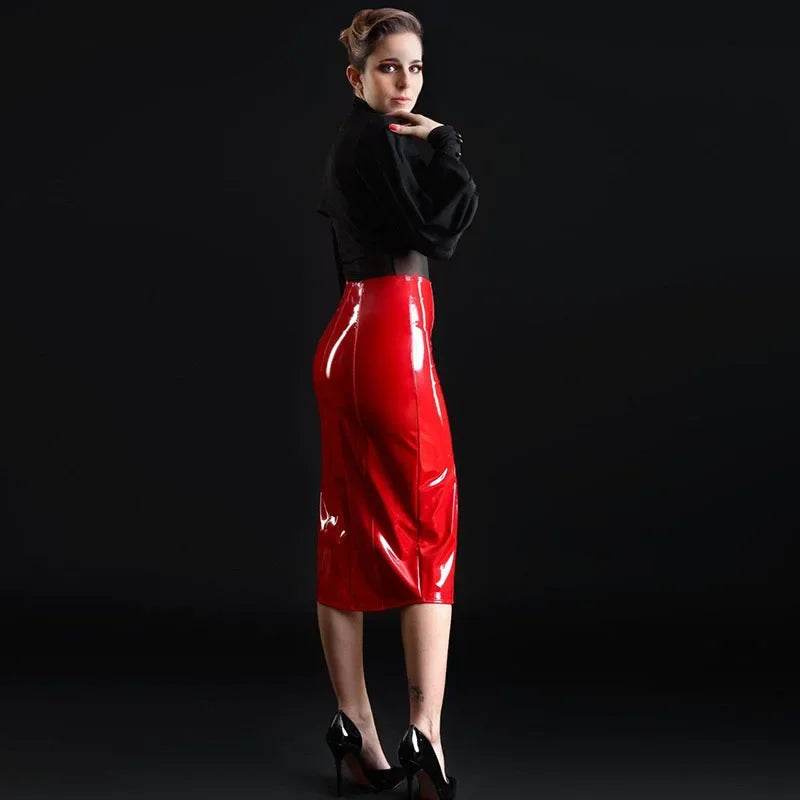 High Waist Shiny PU Leather Front Split Zip Midi Skirt - Your Shiny Clothes