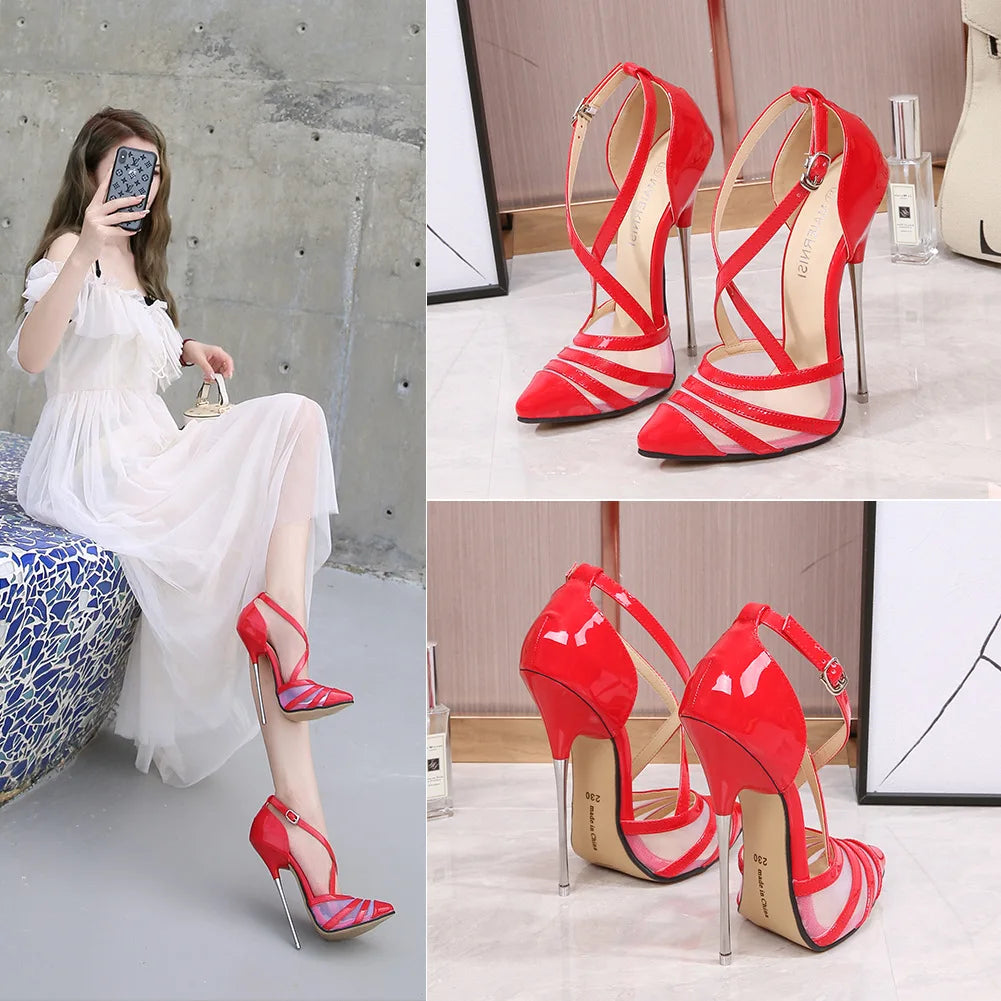Mesh Detail Patent Leather Cross Strap 16 cm Sandals