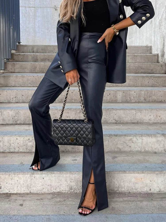 Faux Leather Front Slit Mid Waist Boot Cut Trousers - Your Shiny Clothes
