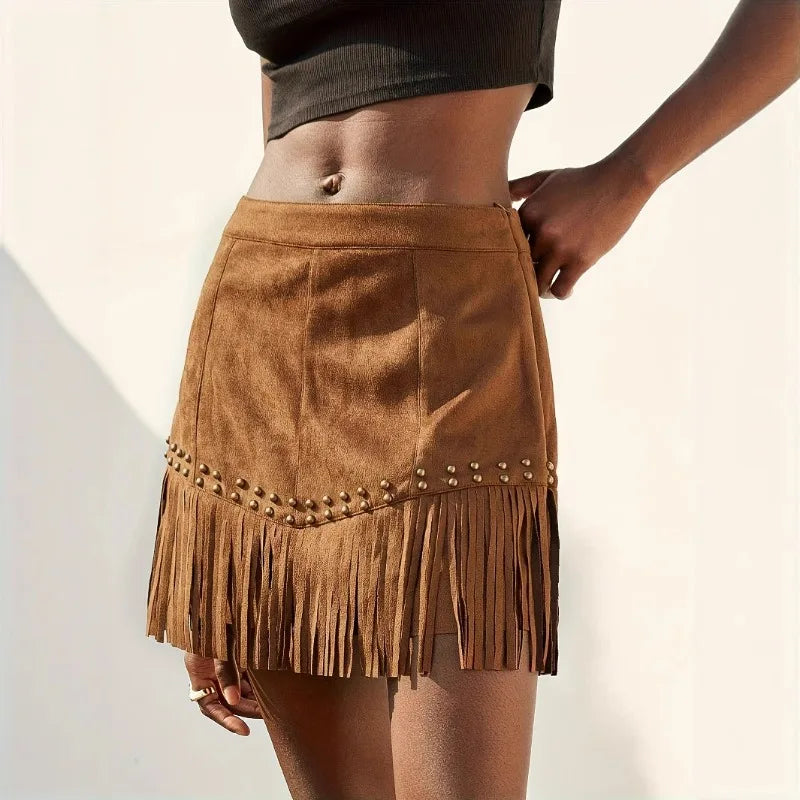 Faux Suede Fringed Rivet Design Short Skirt