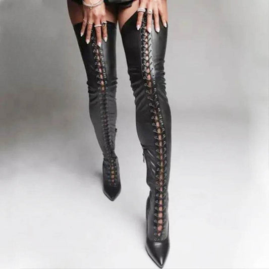 Black Faux Leather 11CM Stiletto Heels Over The Knee Boots - Your Shiny Clothes