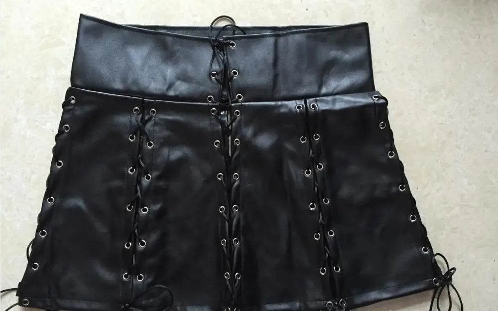 Black Lace Up PU Leather Skirt - Your Shiny Clothes