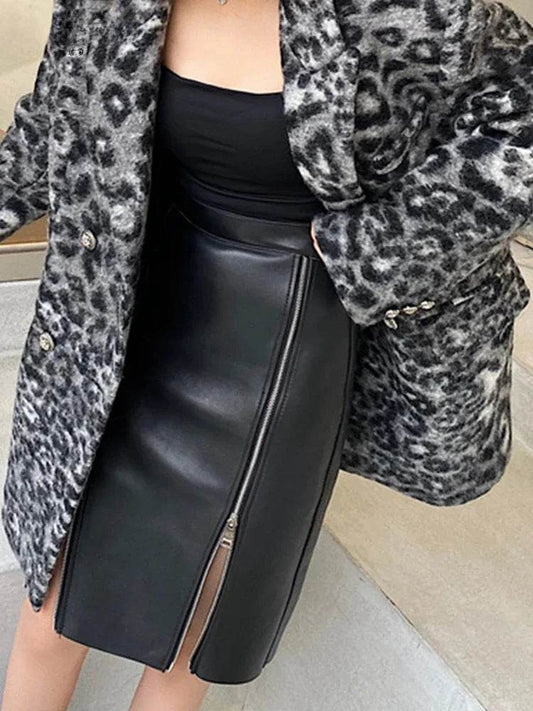 Matte Black Faux Leather Double Zip Midi Skirt - Your Shiny Clothes