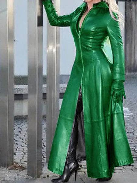 PU Leather Long Trench Coat - Your Shiny Clothes