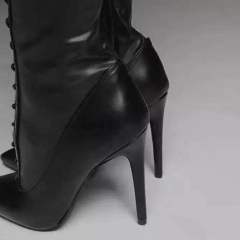 Black Faux Leather 11CM Stiletto Heels Over The Knee Boots - Your Shiny Clothes