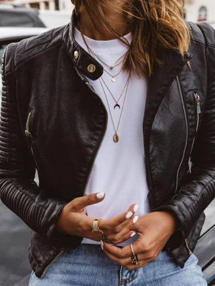 Faux Leather Zippered Motor Jacket - Your Shiny Clothes