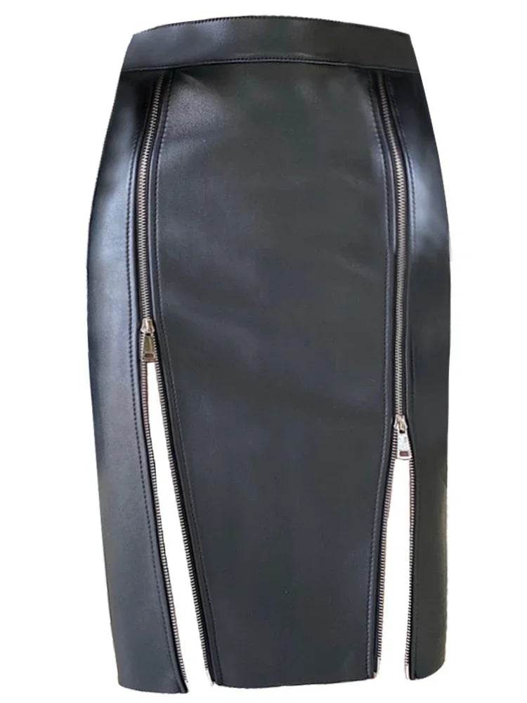 Matte Black Faux Leather Double Zip Midi Skirt - Your Shiny Clothes