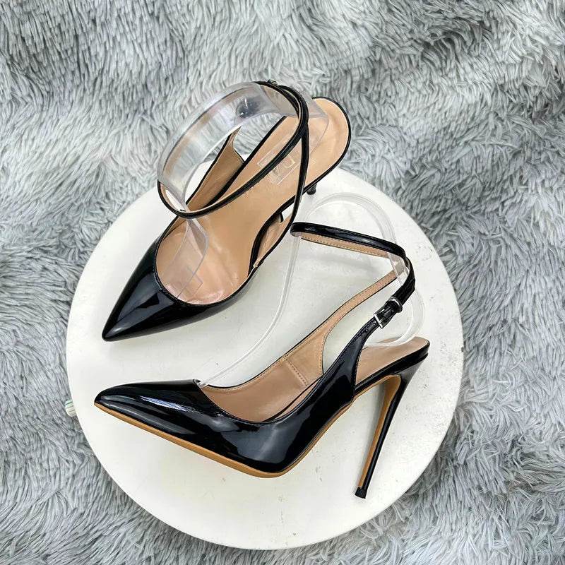 Elegant Black Pointed Toe Sling Back Patent Leather Stiletto Heel Pumps - Your Shiny Clothes