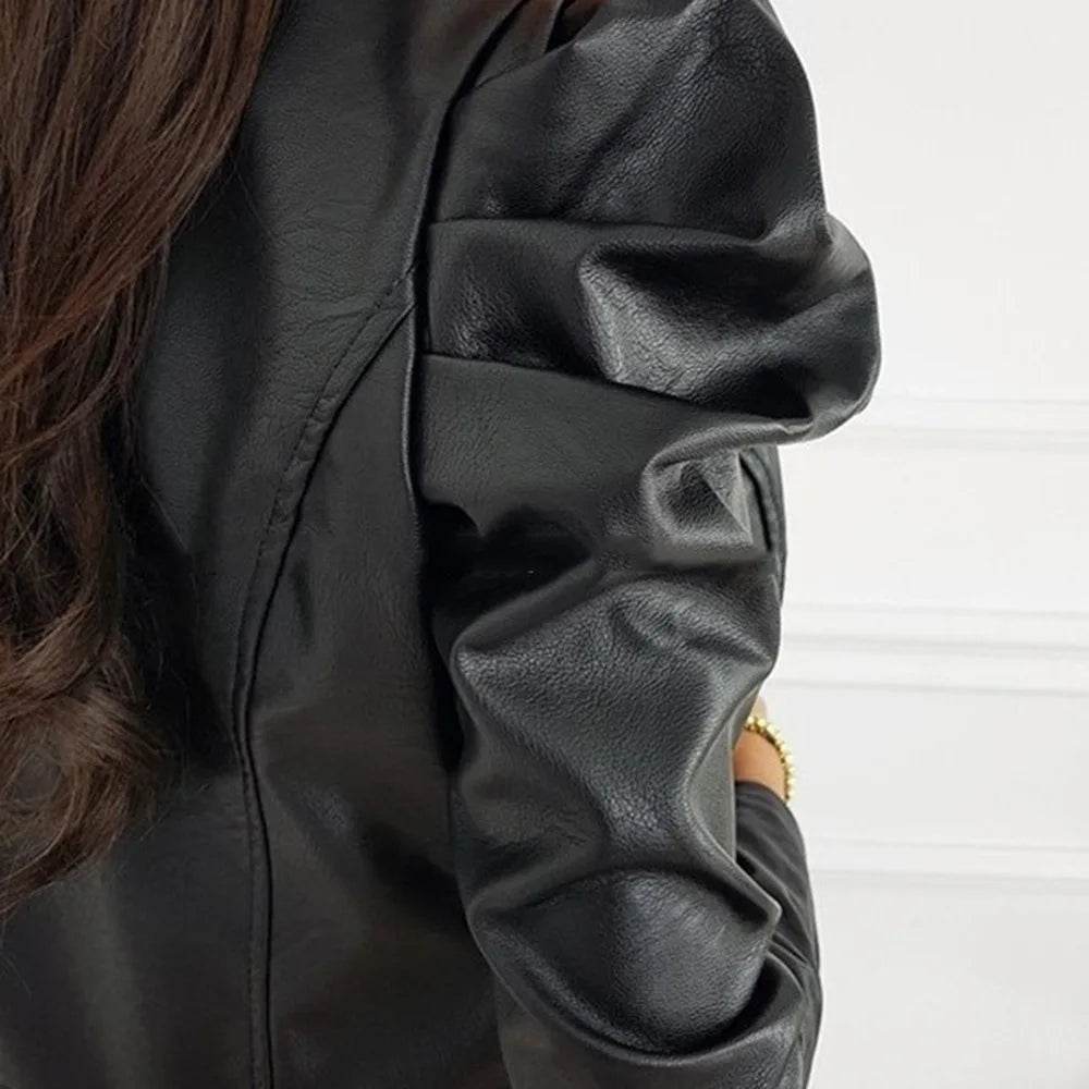 Black PU Leather Jacket with Puff Sleeves - Your Shiny Clothes