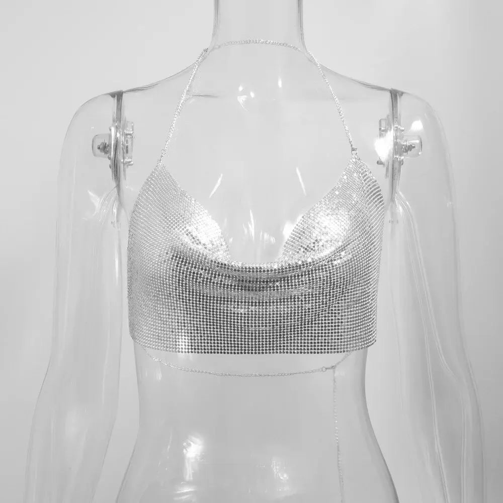 Summer Sequin Metal Halter Crop Top