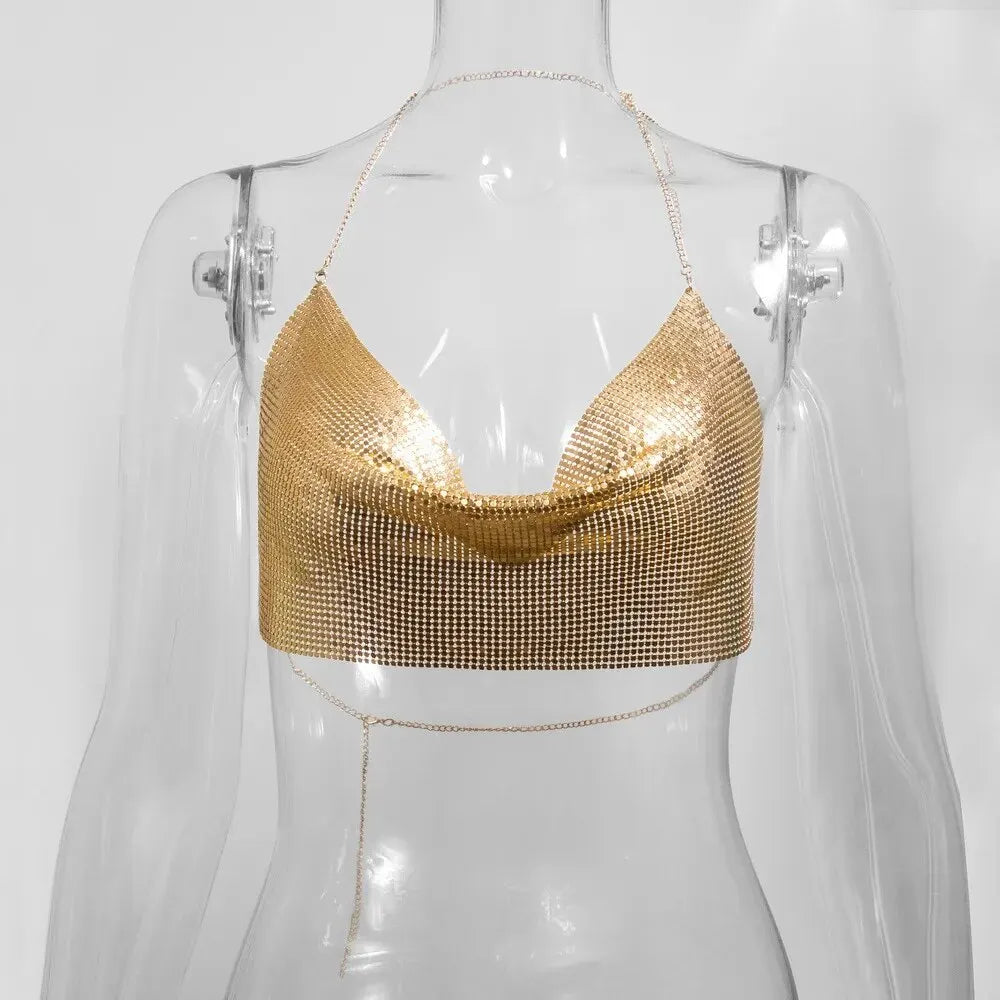 Summer Sequin Metal Halter Crop Top