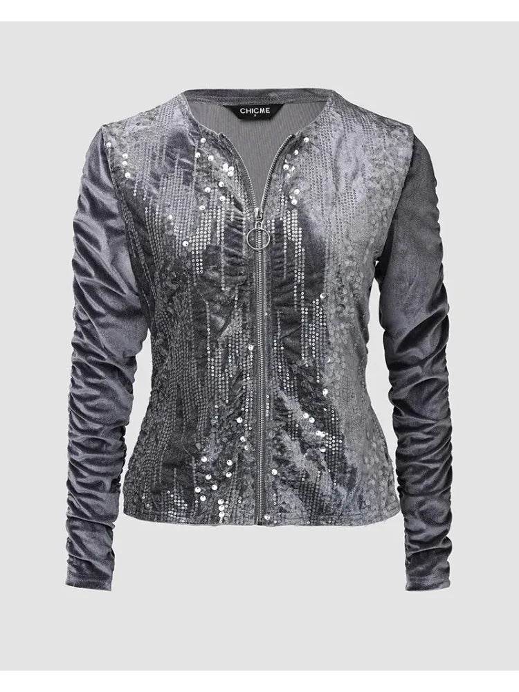 2 Piece Ruched Velvet Sequin Long Sleeve Tracksuit - Your Shiny Clothes