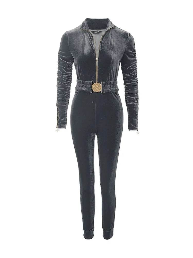 Velvet Zippered Ruched Long Sleeve Jumpsuit - Your Shiny Clothes