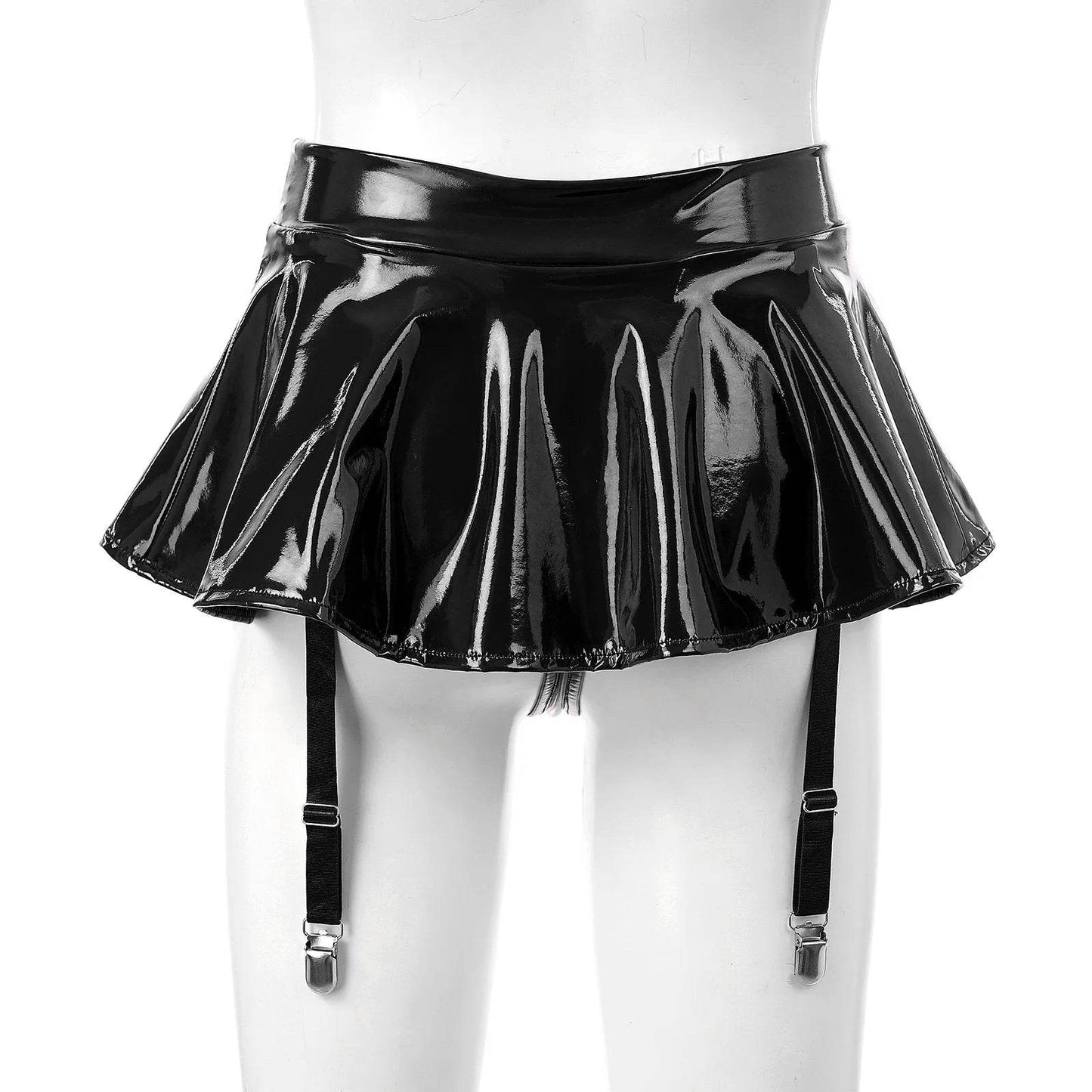 Patent Leather Ruffle Mini Skirt With Built-in Thongs And Garters - Your Shiny Clothes