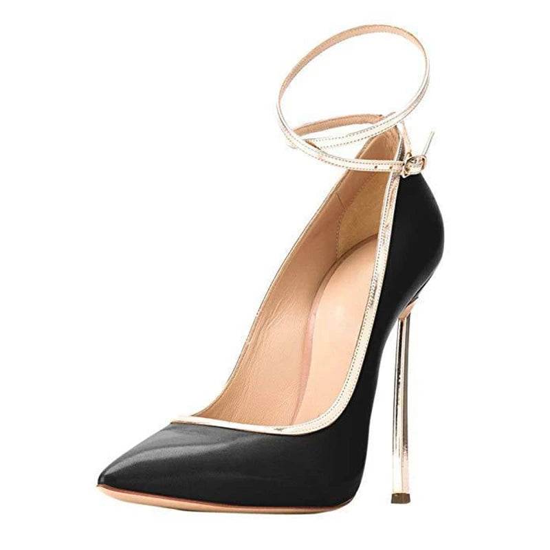 Metal Heeled Black with Gold Ankle Strap Pump - Your Shiny Clothes