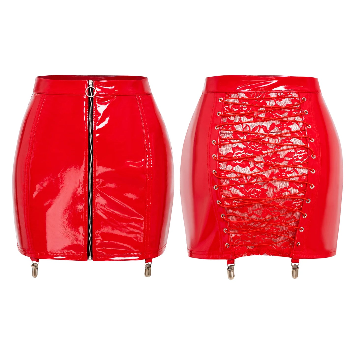 Shiny Patent Bodycon Mini Skirt with Lace-Up Back & Zip Front