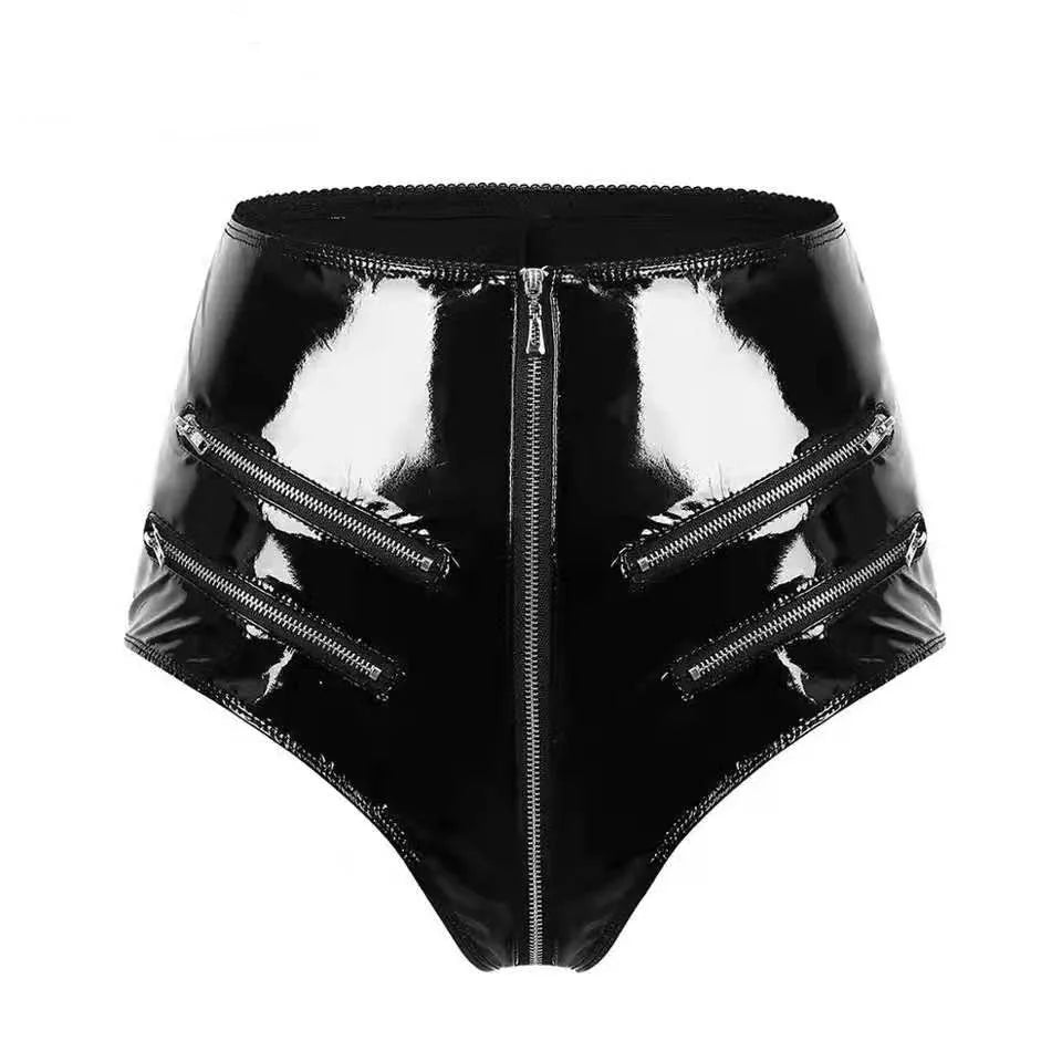 Shiny PVC Leather Shorts with Zip Detail