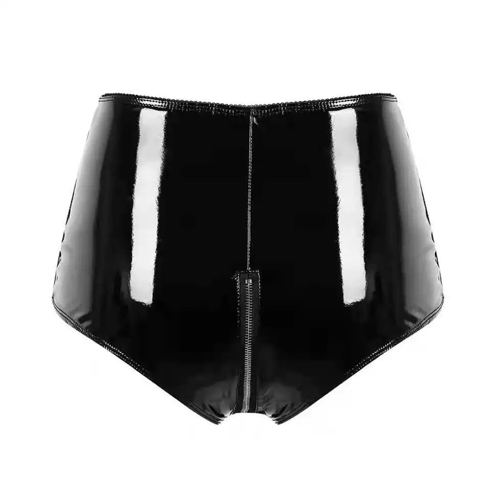 Shiny PVC Leather Shorts with Zip Detail