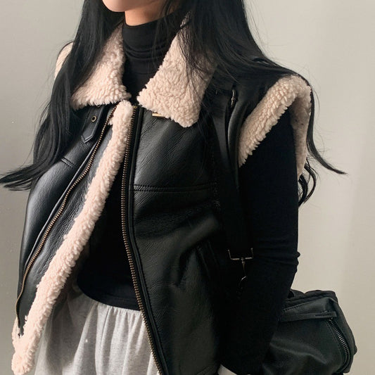 Faux Leather Shearling Vest Jacket