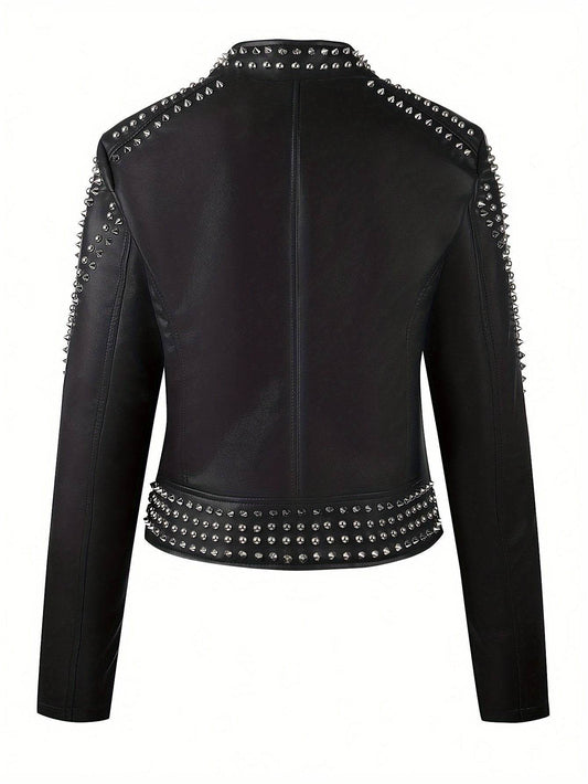 Faux Leather Rivet Decor Zipper Jacket - Your Shiny Clothes