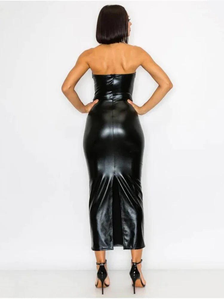 Backless Black Faux Leather Long Dress with form-fitting design and elegant slit detail