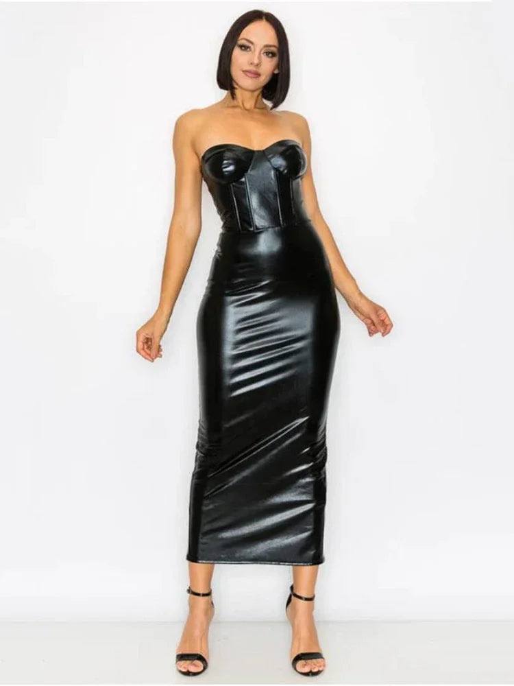 Backless Black Faux Leather Long Dress with Strapless Design and Fitted Silhouette