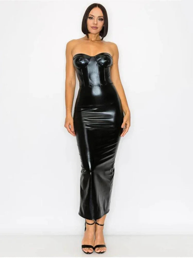 Backless Black Faux Leather Long Dress with Strapless Design for Elegant Evenings