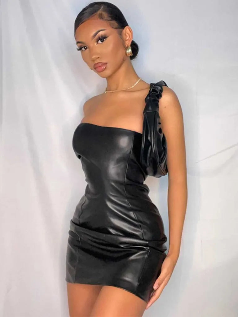 Kakaclo black faux leather tube dress featuring a stylish one-shoulder design for a chic look