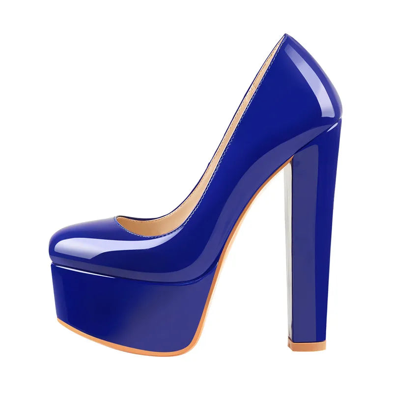 Blue patent leather platform heels with a sleek design and high block heel for stylish elegance