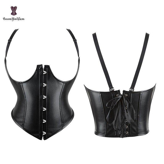 Black Faux Leather Underbust Bustier Corset - Your Shiny Clothes